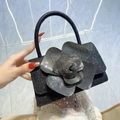 Sparkling black evening handbag with large rhinestone camellia and metal chain strap - Black
