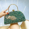 Emerald green evening clutch bag with luxury crystal peacock and gold handle - Green
