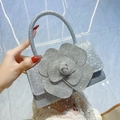 Sparkling silver glitter mini handbag with large 3D rhinestone camellia flower detail - Silver