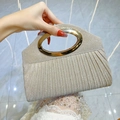Elegant champagne gold pleated evening clutch bag with sequin finish and oval metal handle - Champagne