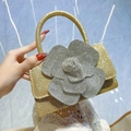 Gold glitter evening bag with large silver rhinestone camellia flower and top handle - Gold
