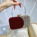 Luxury burgundy velvet evening clutch bag with sparkling rhinestones and gold ring handle - Burgundy