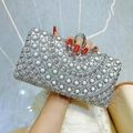 Silver evening clutch bag with handmade 3D floral pearls and crystal ring handle clasp - Silver