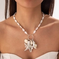 Detail of bohemian starfish and shell pendant necklace with irregular faux pearls - Silver Starfish Shell Pendant Necklace (29184-S)