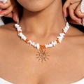 Detail of bohemian sun pendant necklace with white stones and orange faceted beads - White Stone and Orange Bead Sun Pendant Necklace (30215-nek-G white)