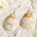 Detailed close-up of natural seashell earrings on white sand beach background - Natural Scallop Shell Style (29367-1)