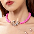 Close-up of pink beaded starfish seashell necklace worn on woman neck for beach vacation - Rose Red (29428-rose red)