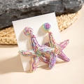 Detailed view of colorful woven starfish drop earrings on a white display card - Rainbow Gradient Starfish (29324-colour)