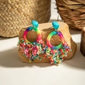 Detail of colorful handmade bohemian raffia earrings with beaded tassels on a rock - Rainbow Beaded Tassel Hoop (29317-colour)