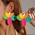 Close-up of bohemian leaf-shaped colorful woven raffia earrings on female model - Multicolor Large Five-Petal Flower (29657-colour)