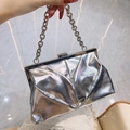 Silver metallic pleated evening clutch with bold chain handle and glossy mirror finish - Silver
