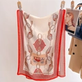 Elegant silk neck scarf with equestrian motifs and red borders on a hanger - Off White / 60*170cm
