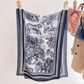Vintage silk scarf with double-sided botanical animal print and elegant drape - 60x170cm / Navy Blue (SA-23)