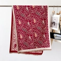 Close-up of red paisley print scarf with white border and elegant tassel fringe detail - 186cmx66cm / Red
