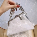 Elegant white sequin evening clutch bag with iridescent finish and silver chain handle - White