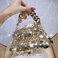 Golden sequin evening handbag with chunky metal chain and reflective round sequins - Gold