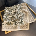 Retro style square silk scarf with vintage horse print in dark olive green and beige - 65*65cm / Green