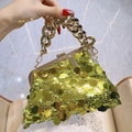 Vibrant lime green sequin handbag with luxury gold chain handle for evening party wear - Green