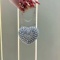 Elegant silver heart-shaped evening clutch bag with sparkling white rhinestones and metal chain - Black Heart Chain Style (XS306-3#黑-心形链)