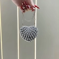 Elegant heart-shaped mini evening bag with silver rhinestones and metal chain strap - Black Small Beads Style (XS306-4#黑-小珠子)