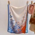 Elegant floral silk scarf in cream and blue colors displayed on an aesthetic background - One Size / White (SA-8)