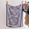 Summer bohemian paisley print silk scarf for women in blue and white floral pattern - White (SA-17)
