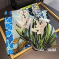 Detailed close-up of a floral silk square scarf with oil painting iris patterns - Artistic Oil Painting Style (ZA-35) / 65*65cm