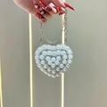 Elegant heart-shaped mini lipstick bag with white pearls, rhinestones and silver chain - Silver Large Pearl Style (XS306-5#银-大珍珠)