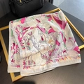 Fashionable floral print silk scarf with illustrated girl design in a gold frame - Girl Floral Print White (ZA-23) / 65*65cm