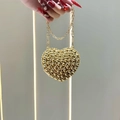 Luxury heart-shaped gold clutch bag with dazzling rhinestones and a gold chain strap - Gold Heart Beads Style (XS306-7#金-心形小珠)