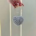 Sparkling black heart-shaped evening bag with silver rhinestones and chain strap - Black Heart Beads Style (XS306-7#黑-心形小珠)