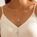 Silver Y-necklace with religious medallion and cross pendant worn by a model - Silver Icon Cross Y-shape Style (29131-nek-S-1)