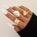 Set of three gold baroque pearl rings featuring irregular textures and pleated metal designs - 3-Piece Gold Baroque Artificial Pearl Set (29607-G)