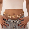 Detail of beach waist chain with starfish, seashells and pearls on blue denim - Gold Shell Starfish Pearl Style (29044-1-G)
