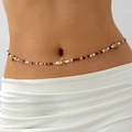 Detail of beach belly chain with beads and starfish pendants on a model's waist - Brown White Beaded Starfish Style (30975-wac-bro-EP)