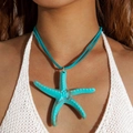 Summer beach starfish pendant necklace in turquoise blue with blue suede cord on neck - Lake Blue Starfish Pendant (29427-green)