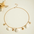 Bohemian seashell and starfish necklace in gold finish with delicate woven shell charms - Gold Starfish Shell Multi-Pendant Necklace (29450-3-G)