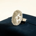 Macro detail of silver shell-shaped ring with five inlaid pearls on navy blue velvet - Silver - Shell Pearl Style (29458-2-S)