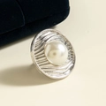 Detail of vintage silver pearl ring with irregular floral texture on jewelry box - Silver - Retro Large Oval Pearl Style (29458-3-S)