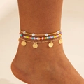 Set de tobilleras bohemias de 3 capas con cuentas arcoíris, perlas y lentejuelas oro - Estilo Abalorios Arcoíris Discos Oro (29124-G colour)
