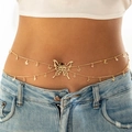 Fashionable gold butterfly waist chain with double-layered metal links and sparkling rhinestones - Double Layer Large Butterfly Hollow Style / Gold Style (28436-2-G)