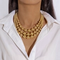 Collar de tres capas con cuentas doradas pulidas de varios tamaños para mujeres modernas - Estilo de tres capas superpuestas dorado (28240-gold)