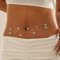 Detail of double-layer silver body chain with butterfly charms and round beads on waist - Double Layer Small Butterfly Beads Style / Silver Style (29750-S)