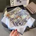 Premium mulberry silk square scarf featuring detailed city architecture landscape illustration - Blue Architectural Landscape Style (ZC-311-Blue)