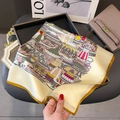 Detailed macro view of 100% silk scarf with vintage dessert print and yellow edges - Yellow Dessert Illustration Style (ZC-311-Yellow)