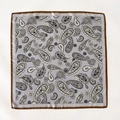 Silk-feel square scarf featuring grey paisley print and brown borders on white background - Light Blue Grey Paisley with Brown Border (ZW-4)