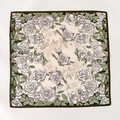 Silk square scarf with beige base and grey rose floral print with green leaf edge - 65x65cm / Green