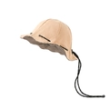 Close-up of khaki bucket hat with checkered lining and adjustable windproof drawstring - Reversible (Khaki + Houndstooth)