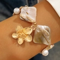 Bohemian gold flower bracelet with irregular pearl shells and natural iridescent accents - Iridescent MOP Flower Style (29305-bra-white-3)
