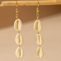 Three-tiered natural white cowrie shell drop earrings with gold wire on a branch - Triple Vertical Shell Dangle Style (31703-ear-white-R-EP)